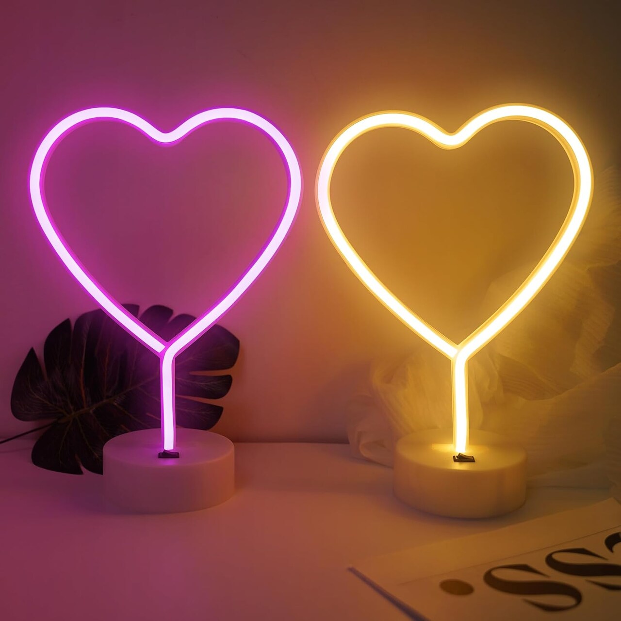 2 Pack Heart Neon Signs, Pink LED Neon Light and Warm White Battery Operated or USB Powered Decoration Lamp for Summer Home Decor